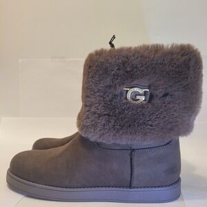 GBG Guess Los Angeles Sz 9 Faux Fur Trim Ankle Boots Brown Pull On Rhinestone